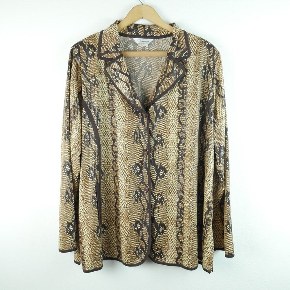 Exclusively Misook Woman 1X Jacket Brown Snake Print Knit Elegant Classic